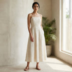 Ecru Embroidered Cotton Ankle Length Flared Sundress