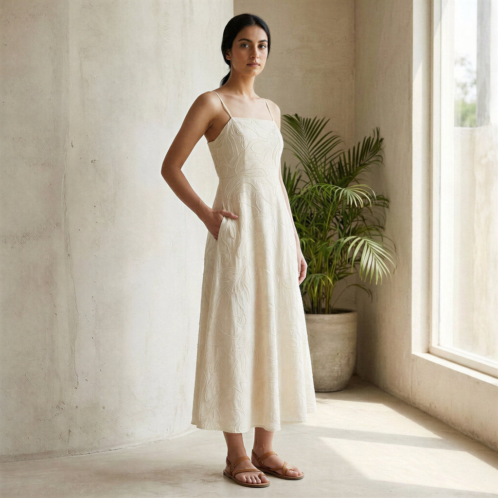 Ecru Embroidered Cotton Ankle Length Flared Sundress