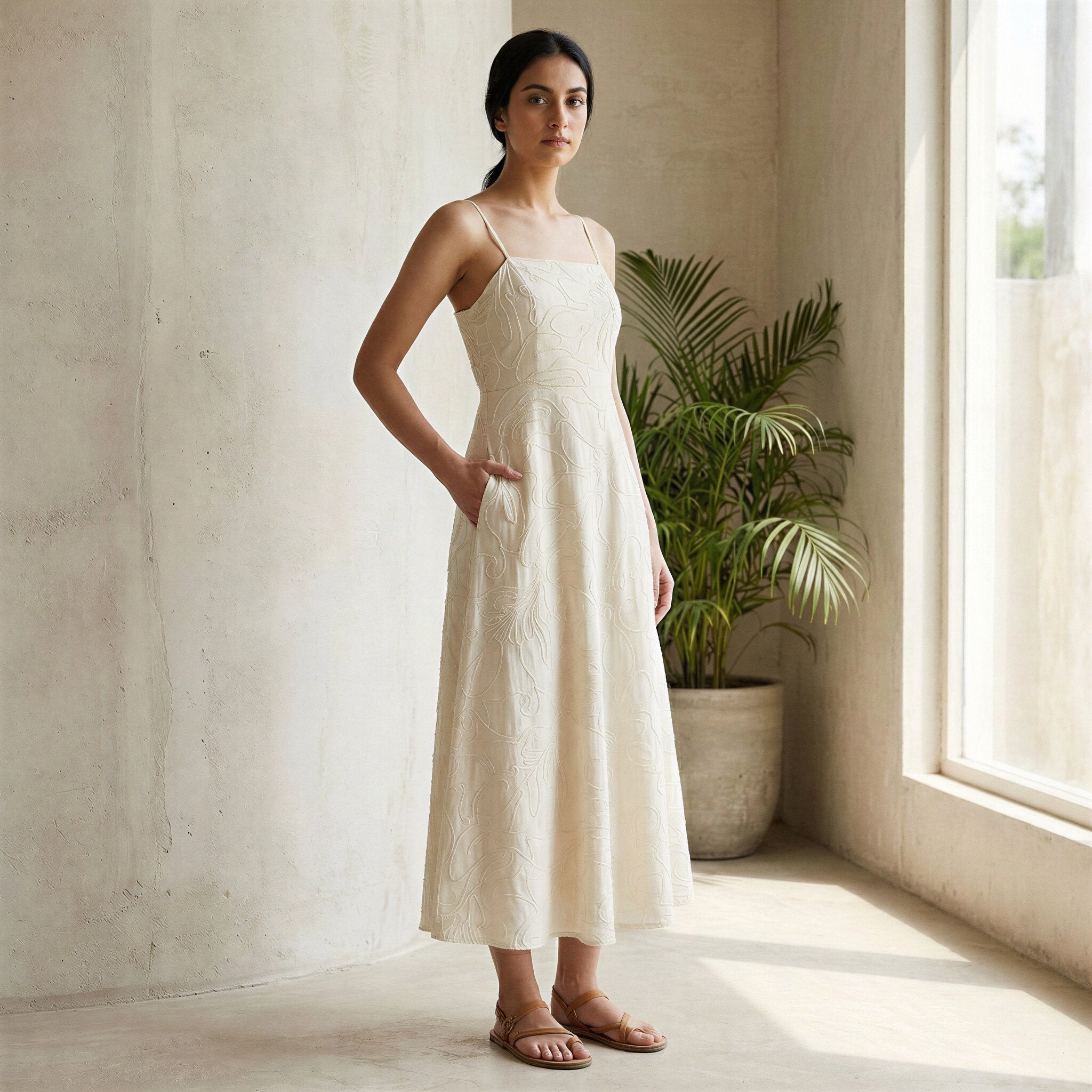 Ecru Embroidered Cotton Ankle Length Flared Sundress