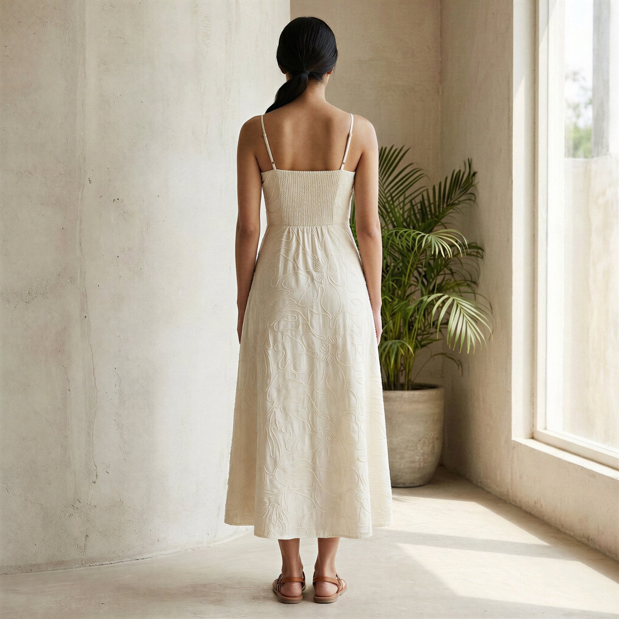 Ecru Embroidered Cotton Ankle Length Flared Sundress