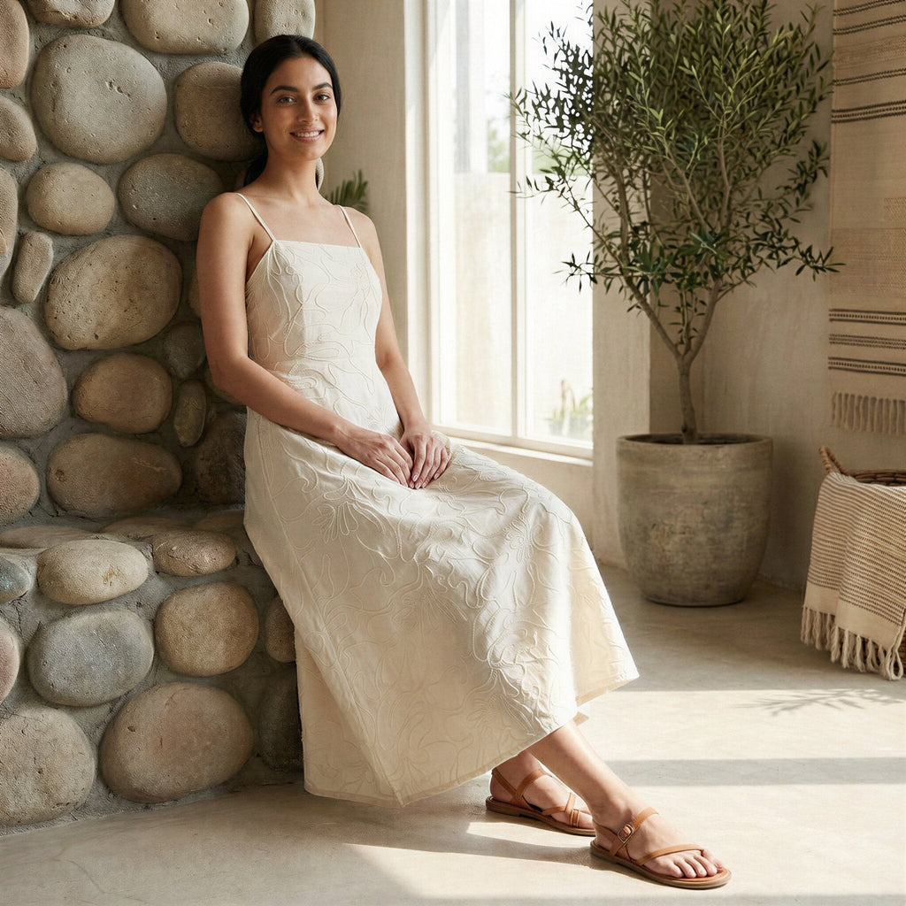 Ecru Embroidered Cotton Ankle Length Flared Sundress