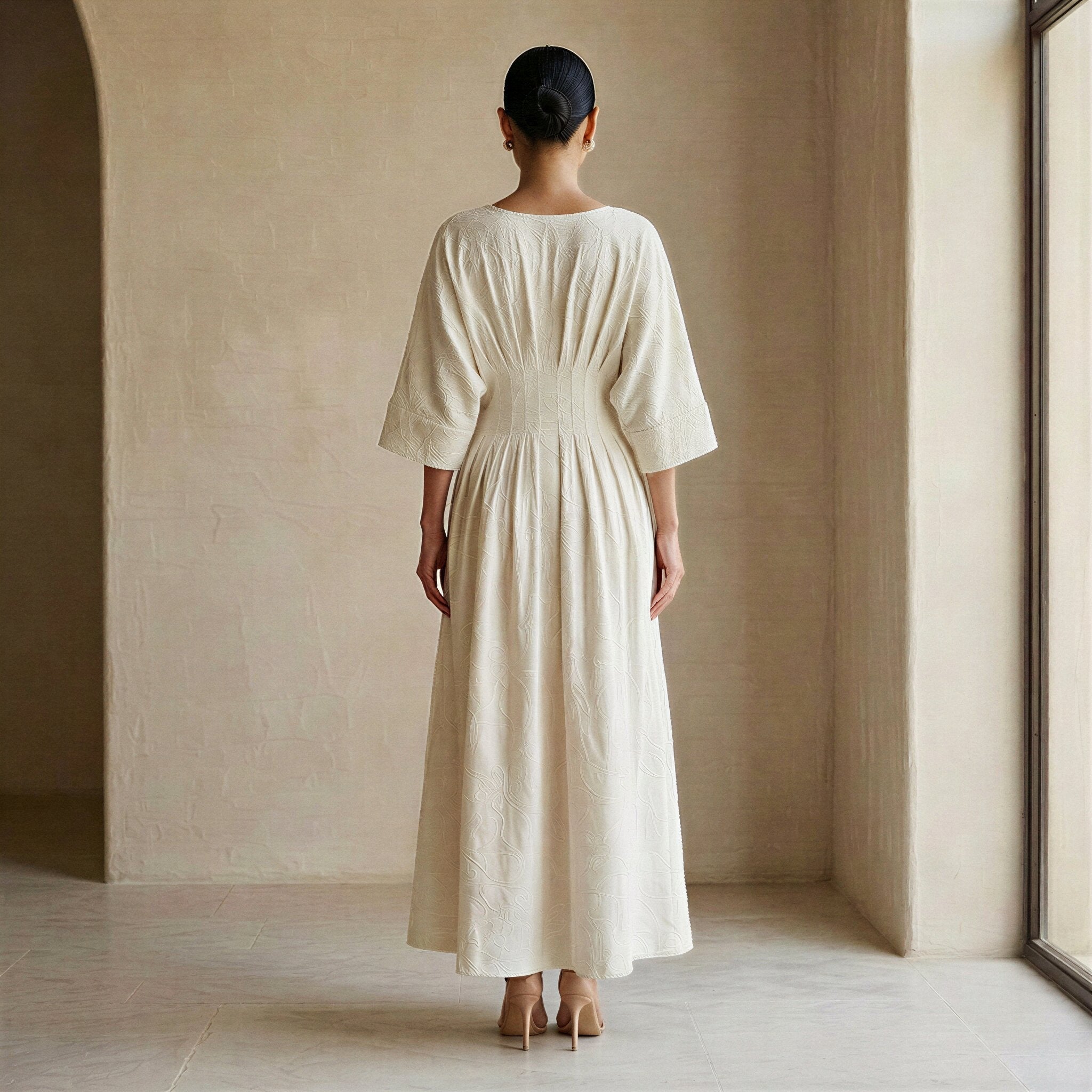 Ecru Embroidered Cotton Cinched Waist Flared Maxi Dress