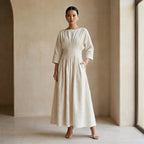 Ecru Embroidered Cotton Cinched Waist Flared Maxi Dress
