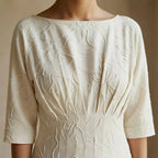 Ecru Embroidered Cotton Cinched Waist Flared Maxi Dress