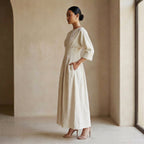 Ecru Embroidered Cotton Cinched Waist Flared Maxi Dress