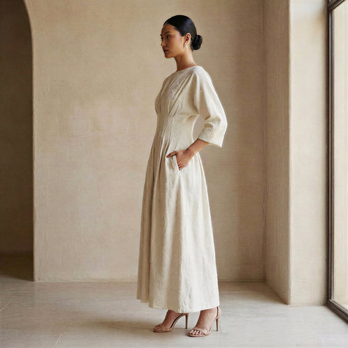Ecru Embroidered Cotton Cinched Waist Flared Maxi Dress