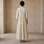 Ecru Embroidered Cotton Deep-V Maxi Tier Dress