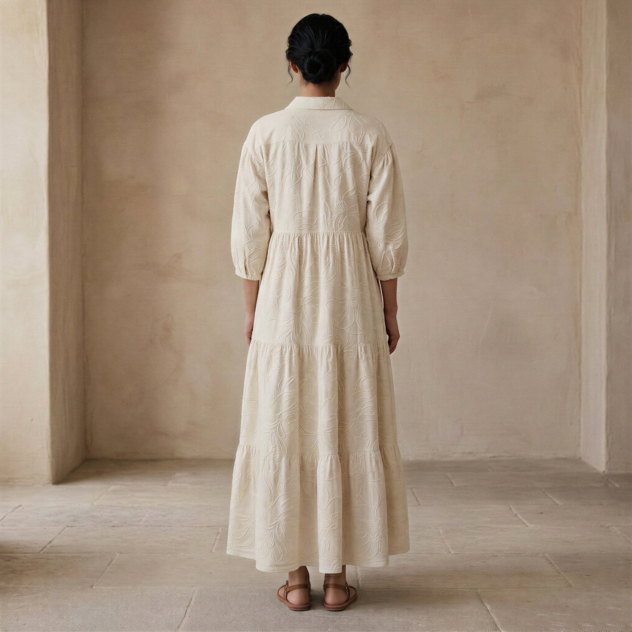 Ecru Embroidered Cotton Deep-V Maxi Tier Dress