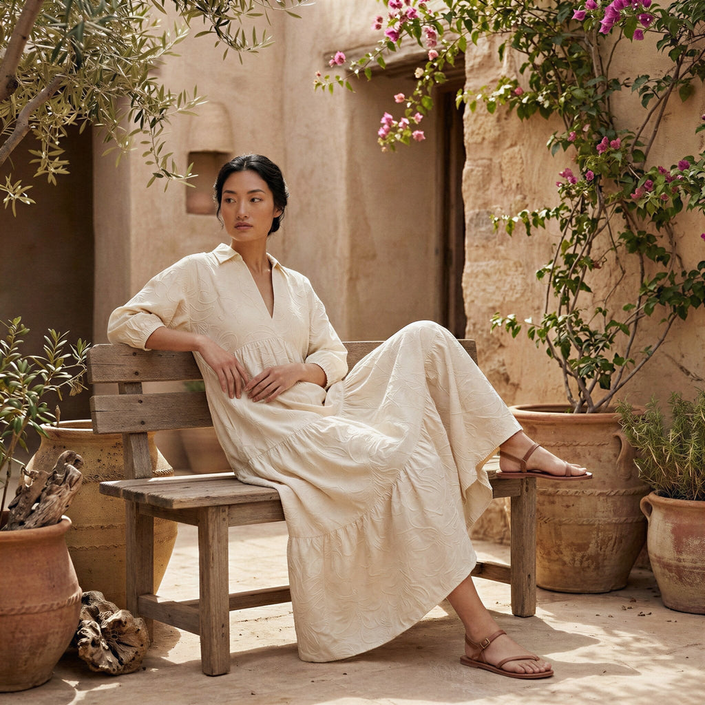 Ecru Embroidered Cotton Deep-V Maxi Tier Dress