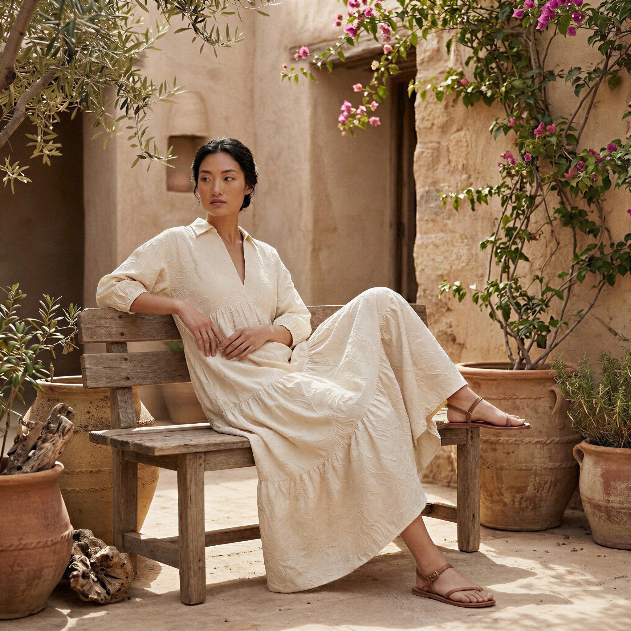 Ecru Embroidered Cotton Deep-V Maxi Tier Dress