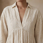 Ecru Embroidered Cotton Deep-V Maxi Tier Dress