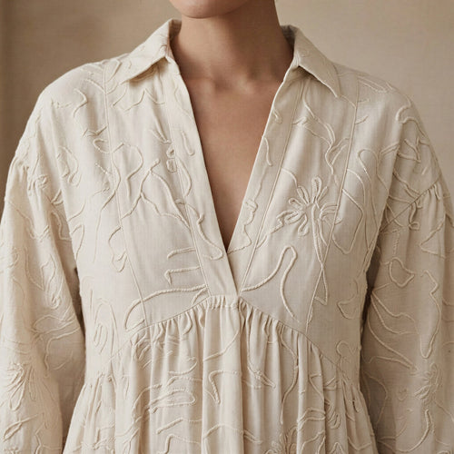 Ecru Embroidered Cotton Deep-V Maxi Tier Dress