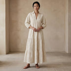 Ecru Embroidered Cotton Deep-V Maxi Tier Dress