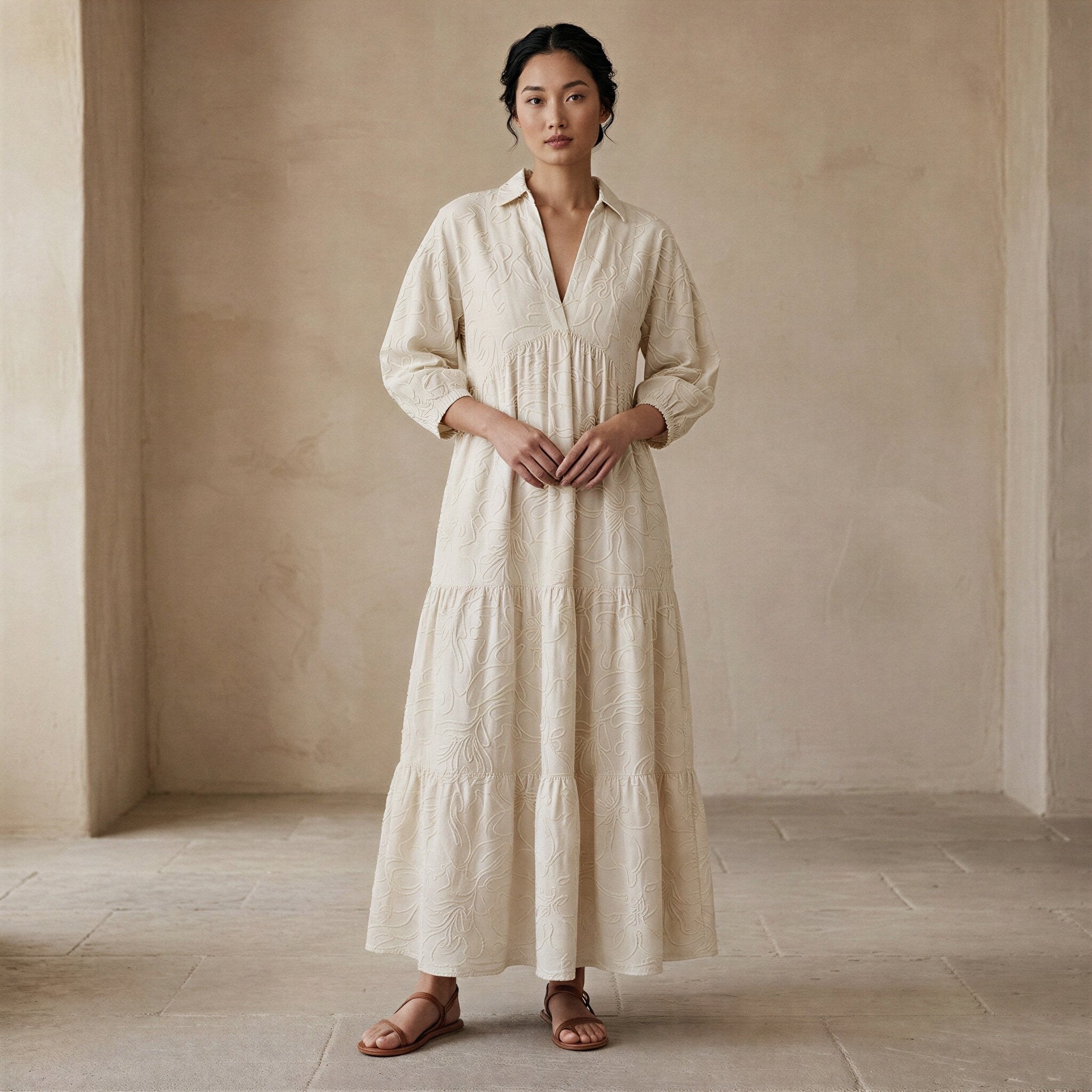 Ecru Embroidered Cotton Deep-V Maxi Tier Dress