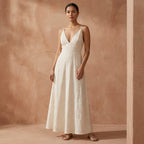 Ecru Embroidered Cotton Deep V-Neck Cami Maxi Dress