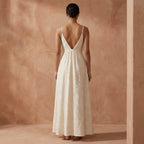 Ecru Embroidered Cotton Deep V-Neck Cami Maxi Dress