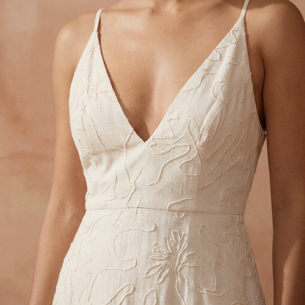 Ecru Embroidered Cotton Deep V-Neck Cami Maxi Dress