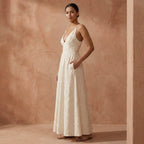 Ecru Embroidered Cotton Deep V-Neck Cami Maxi Dress