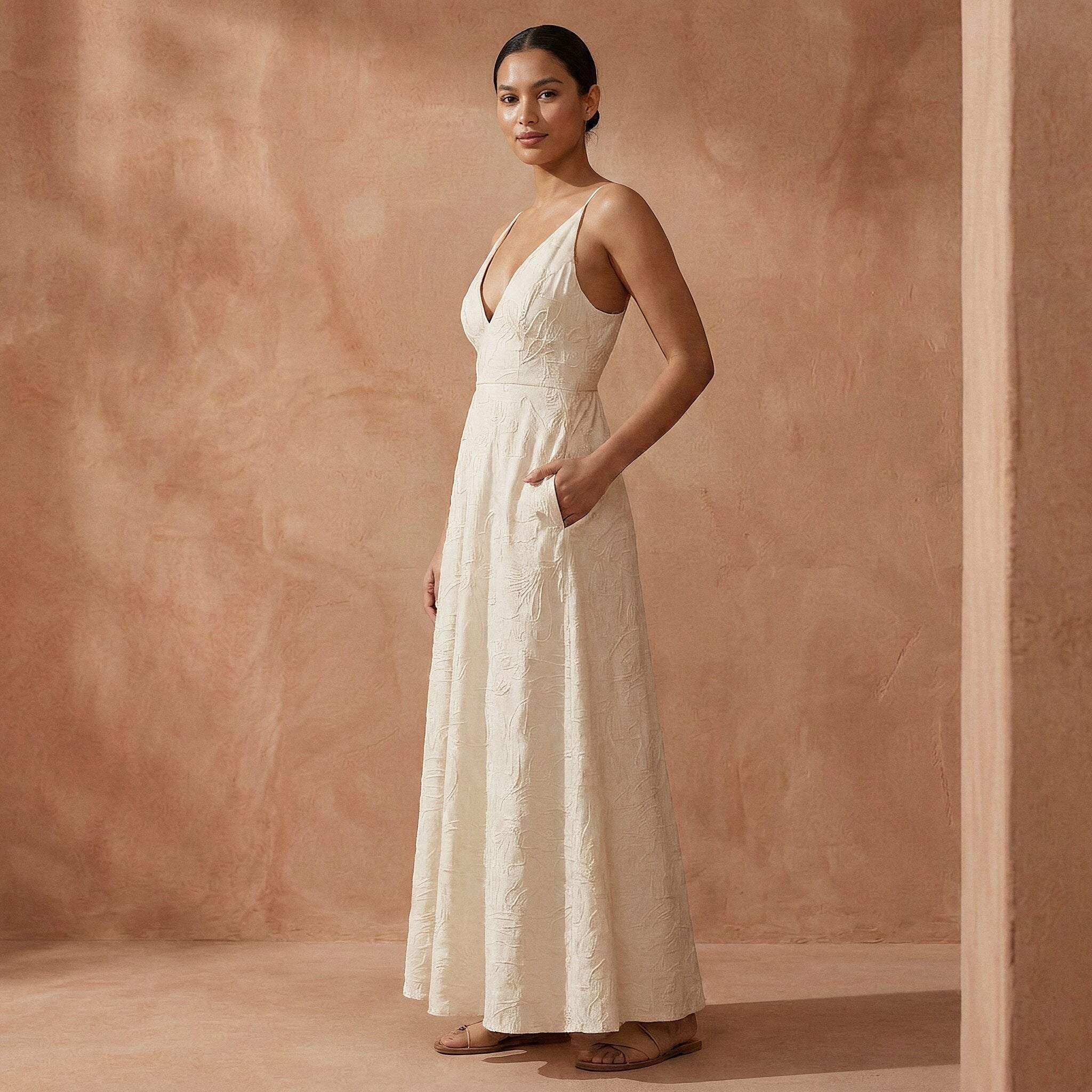 Ecru Embroidered Cotton Deep V-Neck Cami Maxi Dress