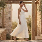 Ecru Embroidered Cotton Deep V-Neck Cami Maxi Dress