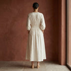 Ecru Embroidered Cotton Deep-V Neck Empire Waist Maxi Dress