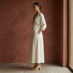 Ecru Embroidered Cotton Deep-V Neck Empire Waist Maxi Dress