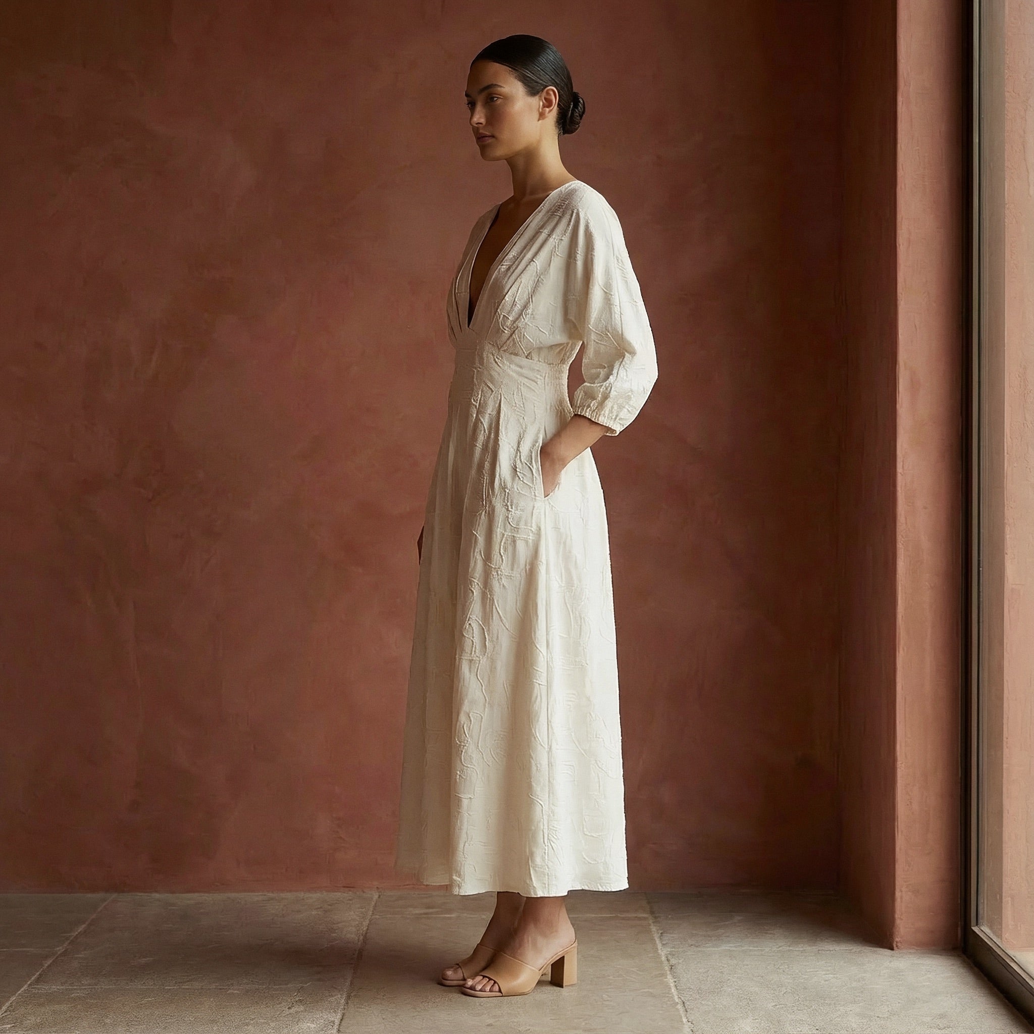 Ecru Embroidered Cotton Deep-V Neck Empire Waist Maxi Dress