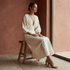 Ecru Embroidered Cotton Deep-V Neck Empire Waist Maxi Dress