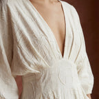 Ecru Embroidered Cotton Deep-V Neck Empire Waist Maxi Dress