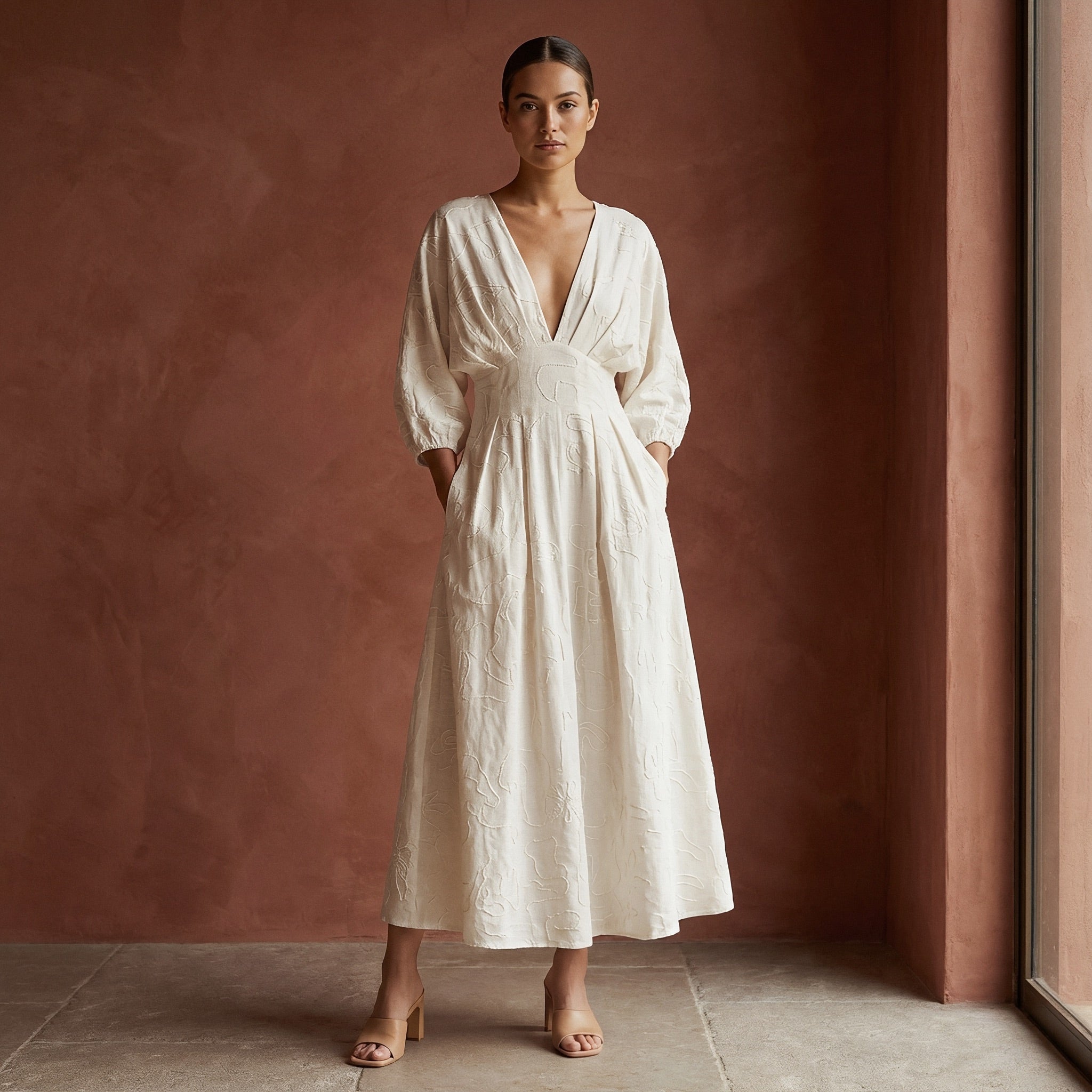 Ecru Embroidered Cotton Deep-V Neck Empire Waist Maxi Dress