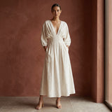 Ecru Embroidered Cotton Deep-V Neck Empire Waist Maxi Dress