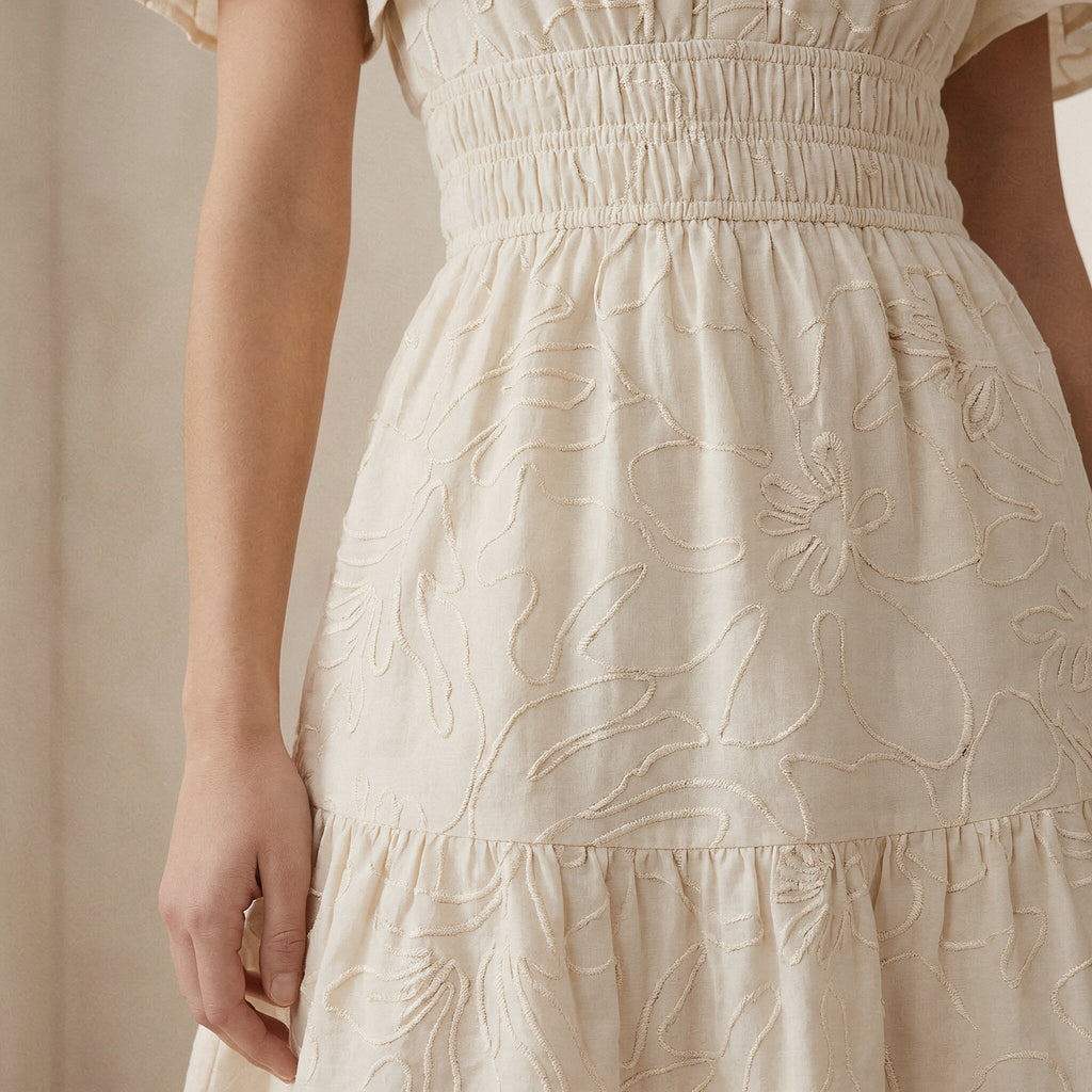 Ecru Embroidered Cotton Elasticated Short Tier Dress