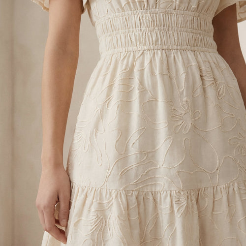 Ecru Embroidered Cotton Elasticated Short Tier Dress
