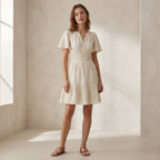 Ecru Embroidered Cotton Elasticated Short Tier Dress