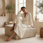 Ecru Embroidered Cotton Fit and Flare Maxi Tier Dress
