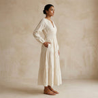 Ecru Embroidered Cotton Fit and Flare Maxi Tier Dress