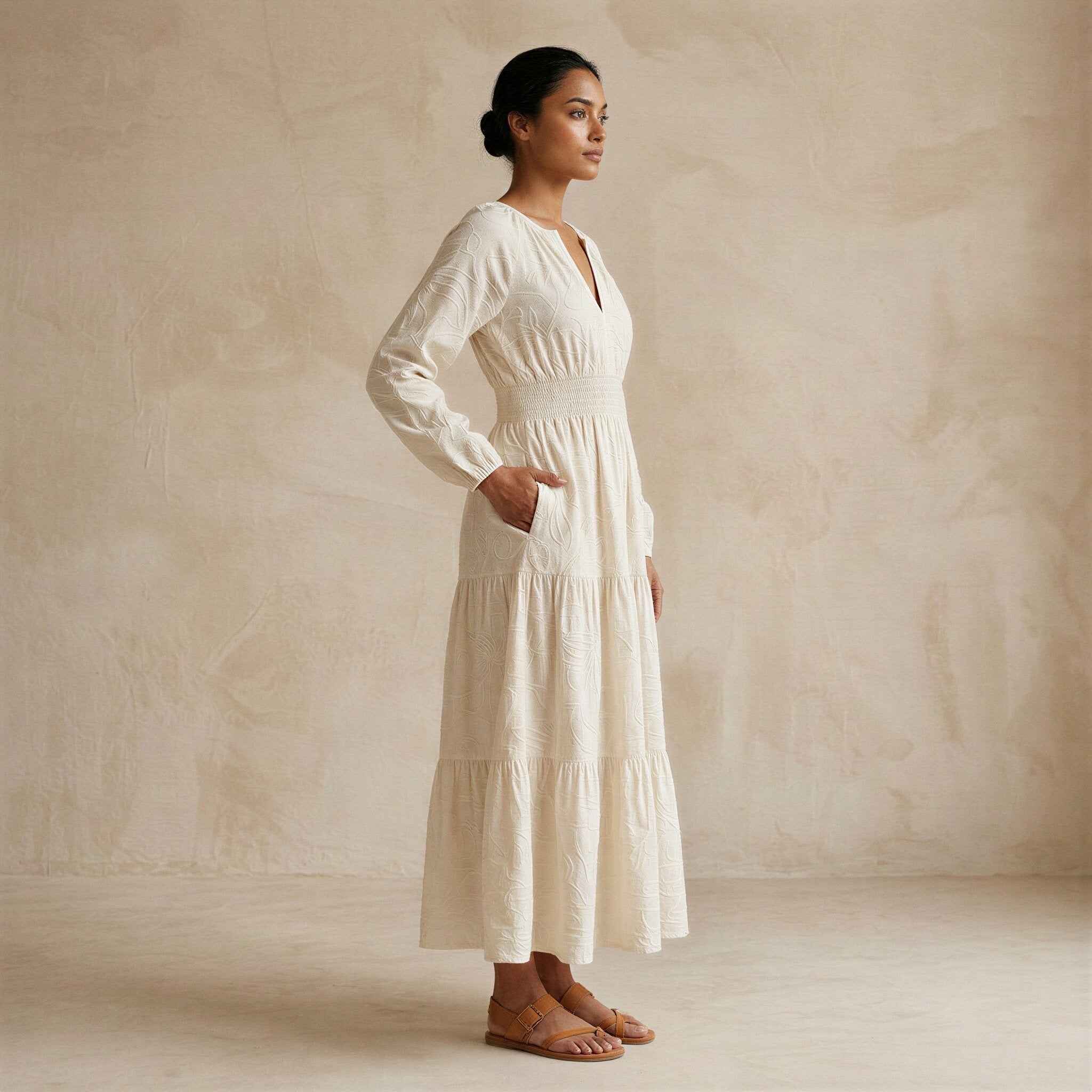 Ecru Embroidered Cotton Fit and Flare Maxi Tier Dress