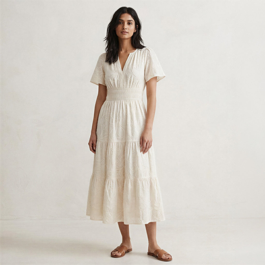 Ecru Embroidered Cotton Flutter Sleeve Tie-Back Tiered Midi Dress