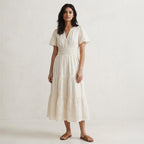 Ecru Embroidered Cotton Flutter Sleeve Tie-Back Tiered Midi Dress