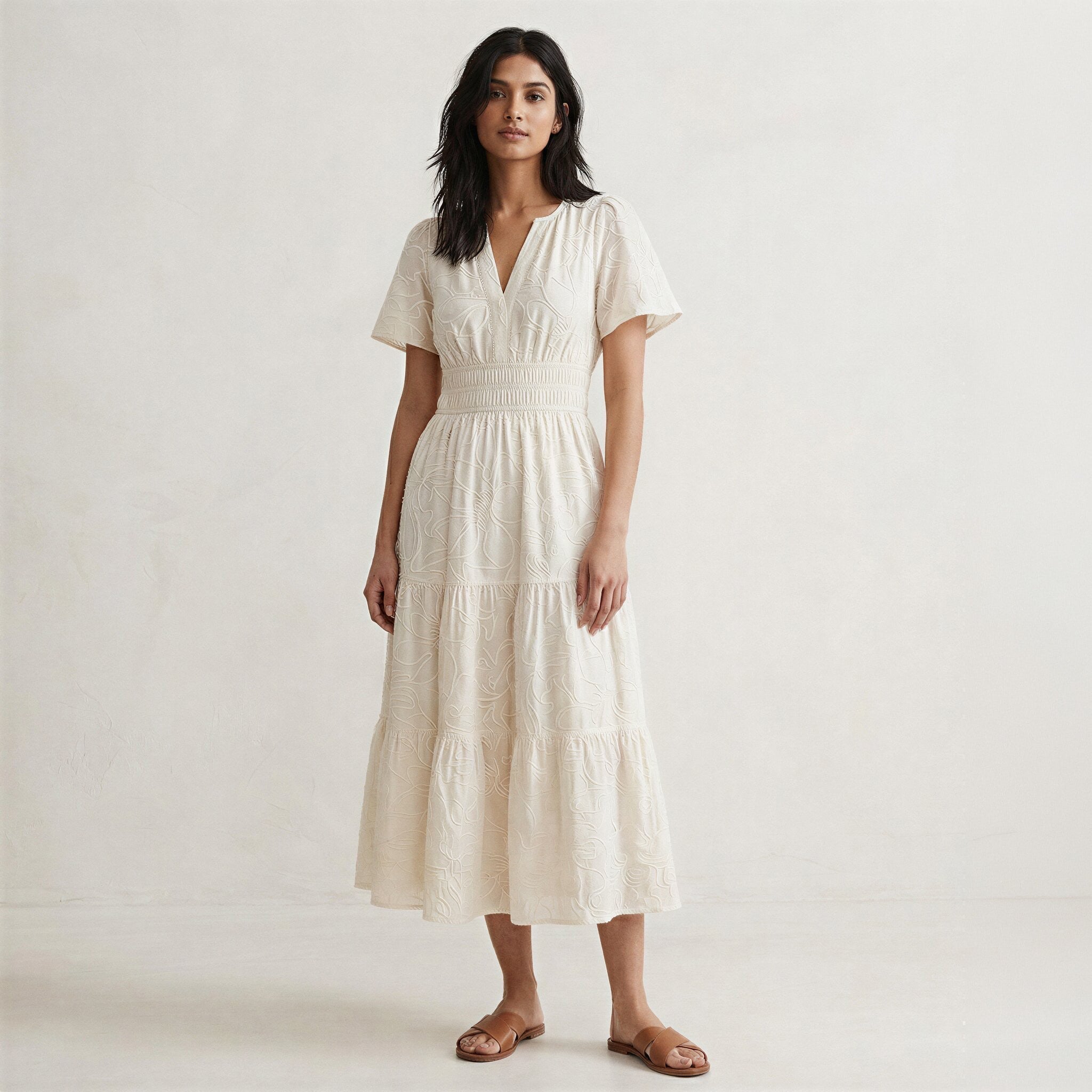 Ecru Embroidered Cotton Flutter Sleeve Tie-Back Tiered Midi Dress