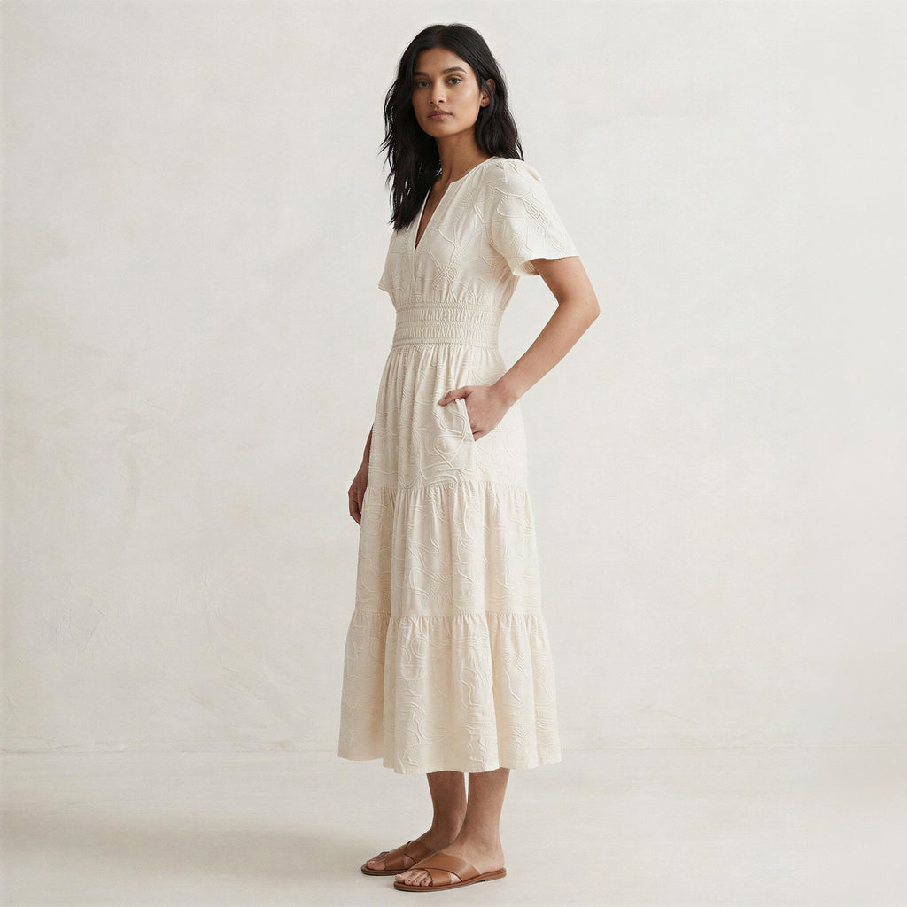 Ecru Embroidered Cotton Flutter Sleeve Tie-Back Tiered Midi Dress