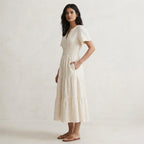Ecru Embroidered Cotton Flutter Sleeve Tie-Back Tiered Midi Dress