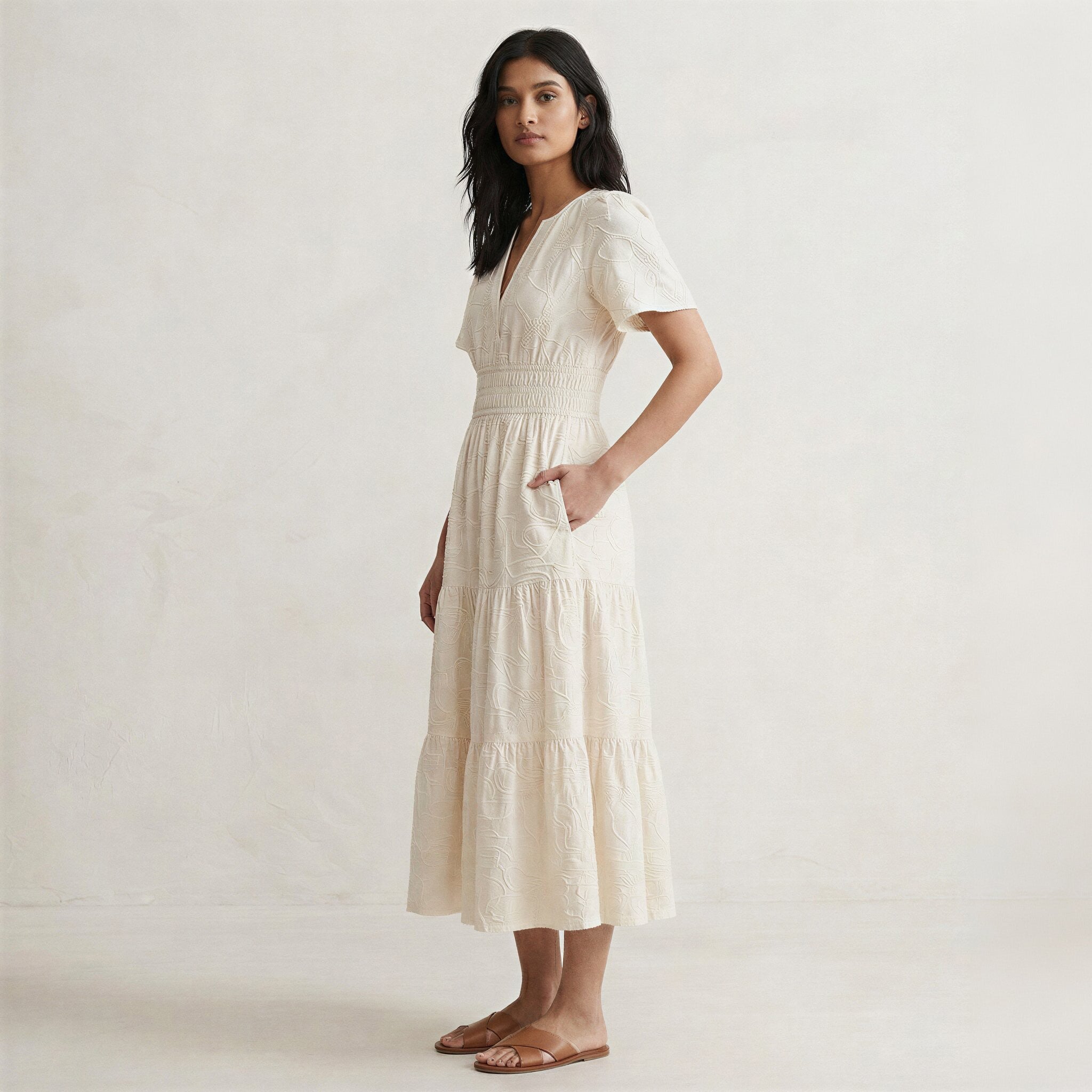 Ecru Embroidered Cotton Flutter Sleeve Tie-Back Tiered Midi Dress