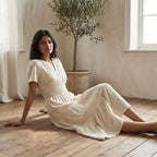 Ecru Embroidered Cotton Flutter Sleeve Tie-Back Tiered Midi Dress