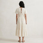 Ecru Embroidered Cotton Flutter Sleeve Tie-Back Tiered Midi Dress