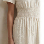 Ecru Embroidered Cotton Flutter Sleeve Tie-Back Tiered Midi Dress