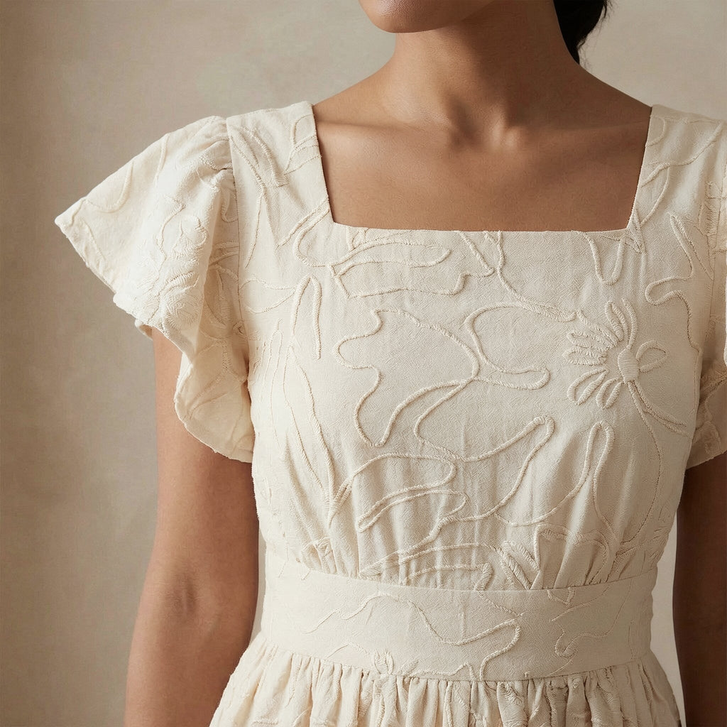 Ecru Embroidered Cotton Open-Back Fit and Flare Knee Length Dress
