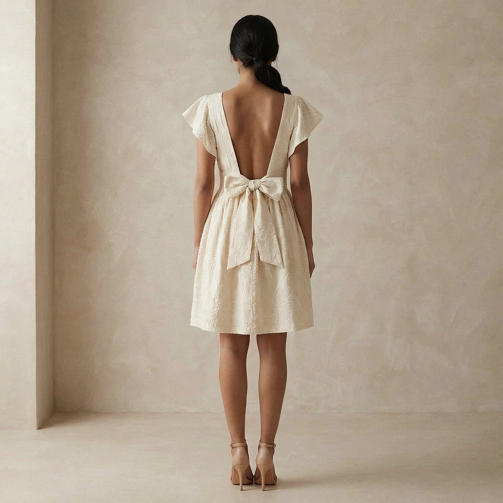Ecru Embroidered Cotton Open-Back Fit and Flare Knee Length Dress