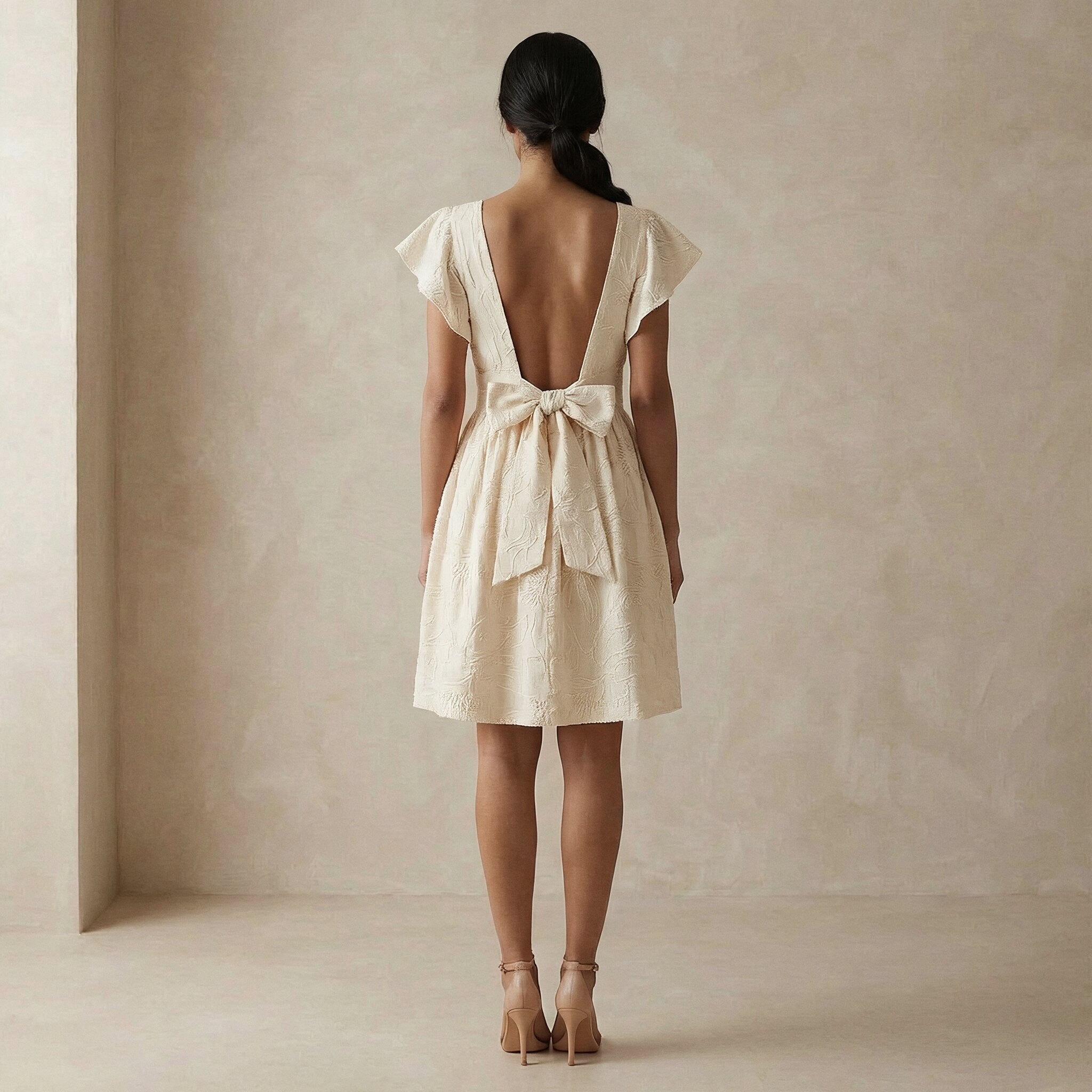 Ecru Embroidered Cotton Open-Back Fit and Flare Knee Length Dress