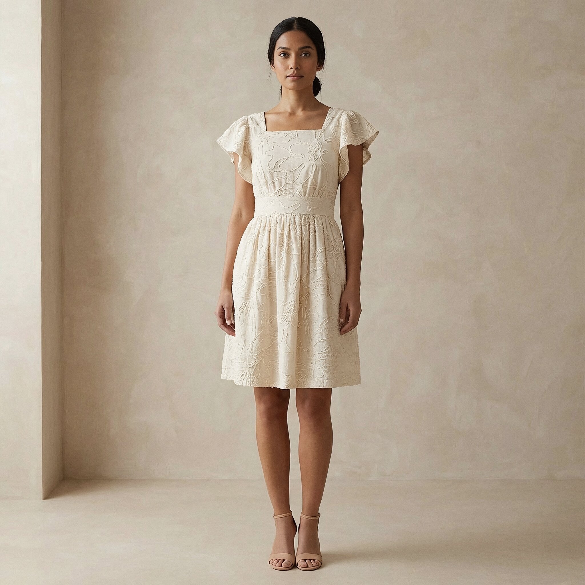 Ecru Embroidered Cotton Open-Back Fit and Flare Knee Length Dress